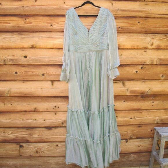 NWT Mac Duggal 67864 Long Sleeve Satin Chiffon Tiered Gown Dress Sage Green - Picture 10 of 15